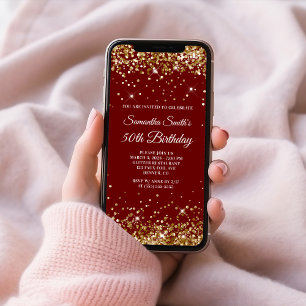 Invitation Paillettes dorées Anniversaire 50 ans Rouge foncé