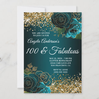 Invitation Paillettes dorées Bleu sarcelle Floral Glam 100 &