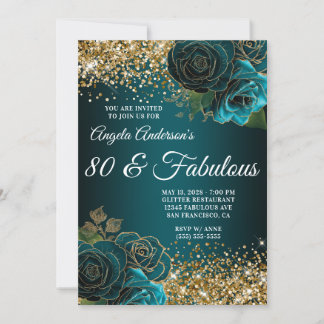 Invitation Paillettes dorées Bleu sarcelle Floral Glam 80 & F