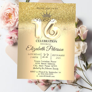 Invitation Paillettes dorées Bokeh , Diadème, Fête Sweet 16