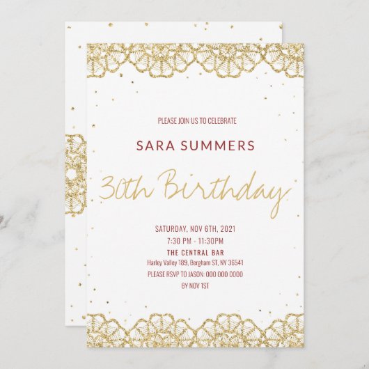 Invitation Paillettes dorées bordeaux style crochet découpé a (Devant / Derrière)