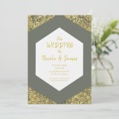 Invitation Paillettes dorées chic vert olive pour un mariage (Debout devant)