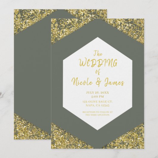 Invitation Paillettes dorées chic vert olive pour un mariage (Devant / Derrière)