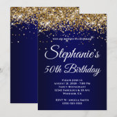 Invitation Paillettes dorées dégradé bleu marine 50e annivers (Devant / Derrière)