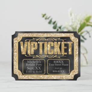 Invitation Paillettes dorées et diamants sur billet doré noir
