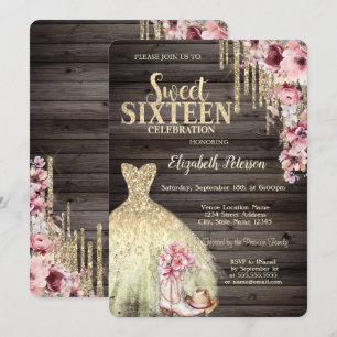 Invitation Paillettes dorées gouttes, bottes de cowboy chapea