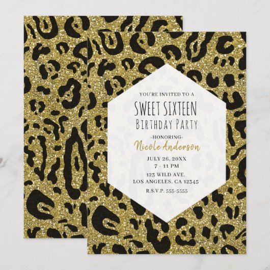 Invitation Paillettes dorées, guépard noir, léopard, fête dou (Devant / Derrière)