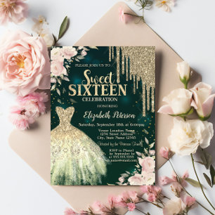 Invitation Paillettes dorées qui coulent, Robe, Floral Vert D