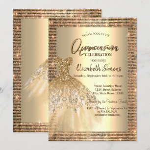 Invitation Paillettes dorées, robe chic Quinceañera