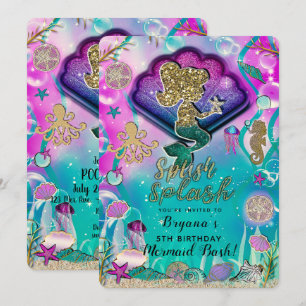 Invitation Paillettes dorées Sirène et Coquillages Fête Sous