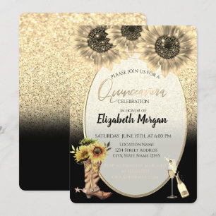 Invitation Paillettes dorées, tournesols, verre Quinceanera