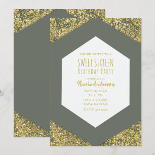 Invitation Paillettes dorées vert olive Glam Sweet 16