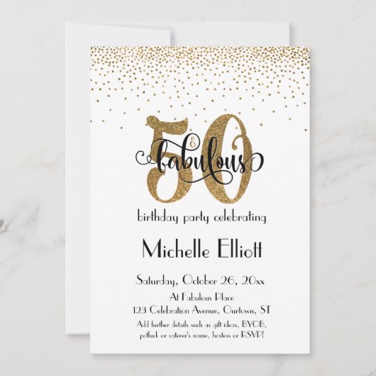 Invitation Paillettes & Écriture 50 & Fabuleux sur Fond Blanc (Devant)