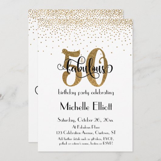 Invitation Paillettes & Écriture 50 & Fabuleux sur Fond Blanc (Devant / Derrière)