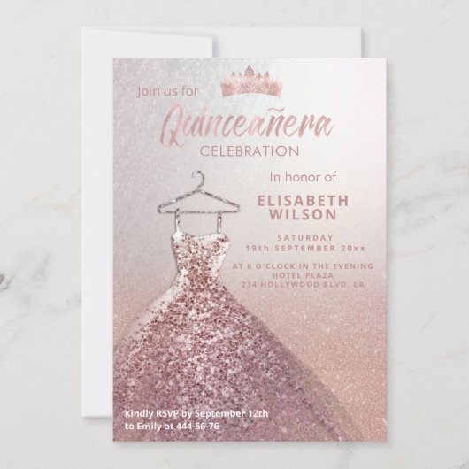 Invitation Paillettes en or rose en paillettes de tiara robe (Devant)