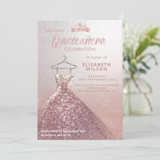 Invitation Paillettes en or rose en paillettes de tiara robe  (Debout devant)