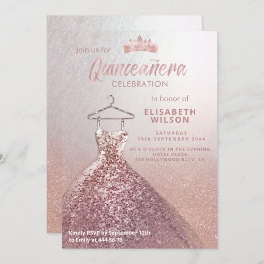 Invitation Paillettes en or rose en paillettes de tiara robe  (Devant / Derrière)