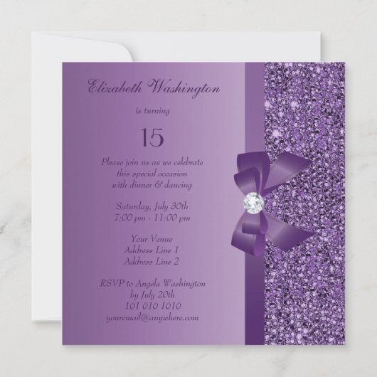 Invitation Paillettes et arc imprimés par pourpre Quinceanera (Dos)