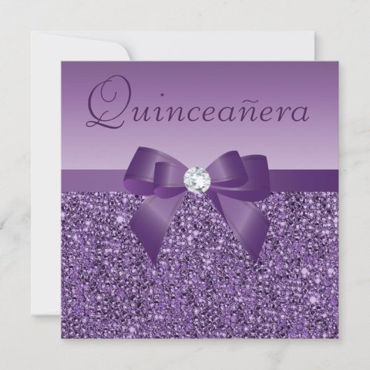 Invitation Paillettes et arc imprimés par pourpre Quinceanera (Devant)