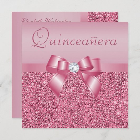 Invitation Paillettes et arc imprimés par rose Quinceanera (Devant / Derrière)