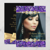 Invitation Paillettes et nœud à bijoux dorés et violets pour  (Devant / Derrière)