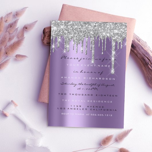 Invitation Paillettes étincelantes argentées violettes grises