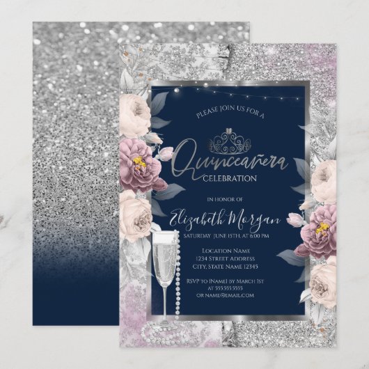Invitation Paillettes, Fleurs Boho, Perles de Verre Bleu Quin (Devant / Derrière)