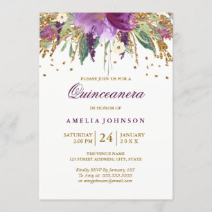 Invitation Paillettes Florales Améthyste Brillante Quinceaner