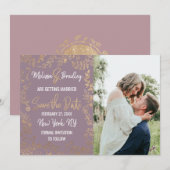 Invitation Paillettes Florales Dorées Dégradé Mauve Lilas Sav (Devant / Derrière)