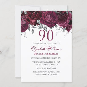 Invitation Paillettes Florales Étincelantes Bourgogne 90e Ann