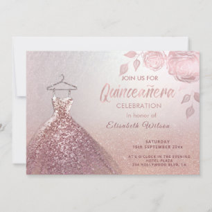 Invitation Paillettes florales Robe or rose Quinceañera