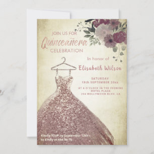 Invitation Paillettes florales Robe or rose Quinceañera Invit