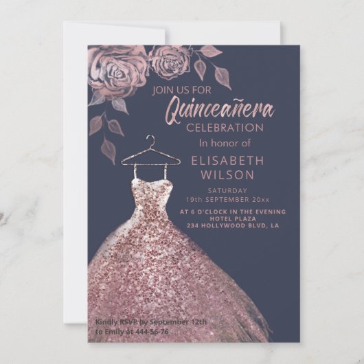 Invitation Paillettes florales Robe or rose Quinceañera Invit (Devant)
