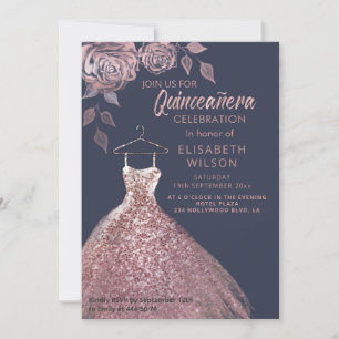 Invitation Paillettes florales Robe or rose Quinceañera Invit