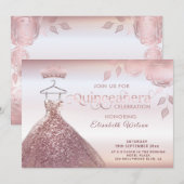 Invitation Paillettes florales Robe or rose Quinceañera Invit (Devant / Derrière)