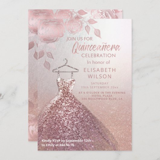 Invitation Paillettes florales Robe or rose Quinceañera Invit (Devant / Derrière)