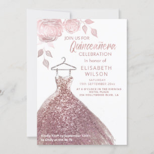 Invitation Paillettes florales Robe or rose Quinceañera Invit