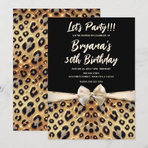 Invitation Paillettes Glamour Or Imprimé Léopard Noir Anniver
