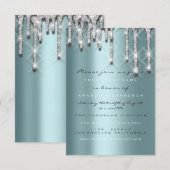 Invitation Paillettes gouttes argent sarcelle mariage douce 1 (Devant / Derrière)