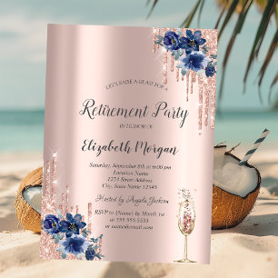 Invitation Paillettes gouttes Rose Gold,Fleurs Bleues Retrait