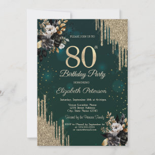 Invitation Paillettes Gouttes Roses Noires Vertes 80ème Anniv