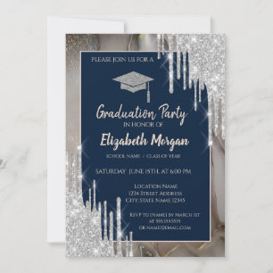 Invitation Paillettes GradCap,Gouttes d'argent,Marbre Bleu Nu