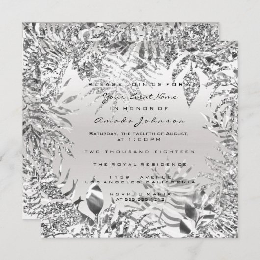 Invitation Paillettes Gris ArgentMetal Tropicaux Feuille Cadr (Devant / Derrière)