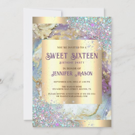 Invitation Paillettes holographiques Marbre Moderne Or Sweet  (Devant)