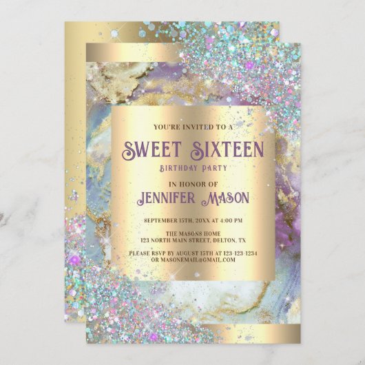 Invitation Paillettes holographiques Marbre Moderne Or Sweet (Devant / Derrière)