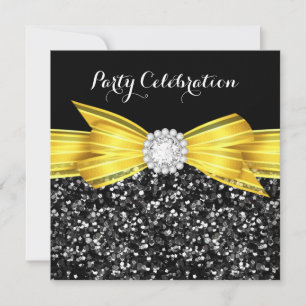 Invitation Paillettes Jaune Nœud Diamant Noir Luxe Soirée