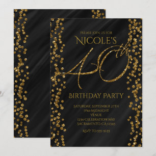 Invitation Paillettes Noir & Or Faux Glam 40 40e Anniversaire