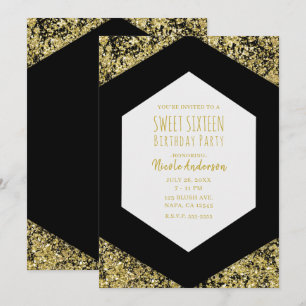 Invitation Paillettes Noir & Or Glam Fête Sweet 16