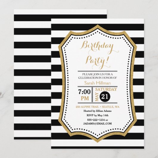 Invitation Paillettes noires et blanches modernes or (Devant / Derrière)