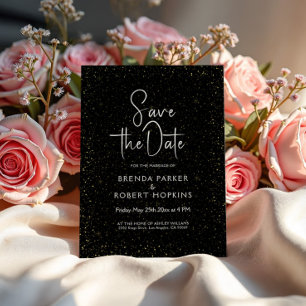 Invitation Paillettes noires et or Script noir sur fond blanc